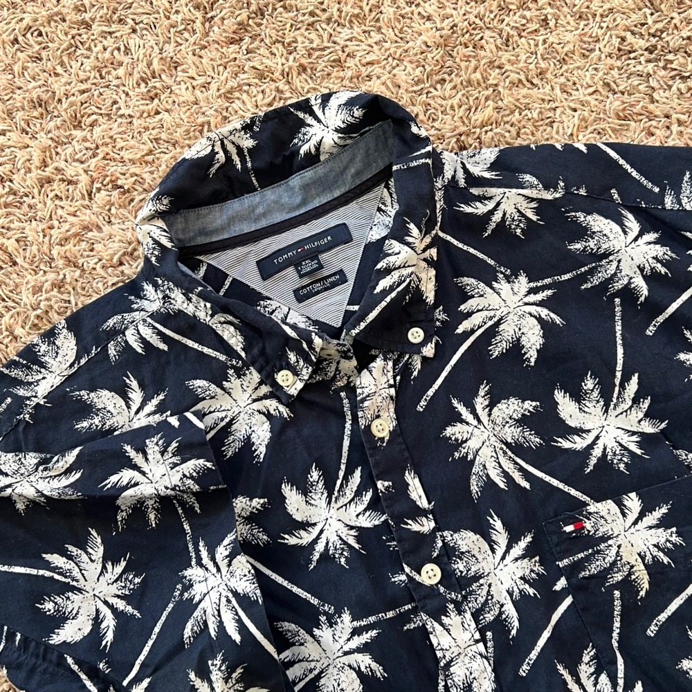 Tommy Hilfiger Men's XXL Button Down SS‎ Hawaiian Tropical Shirt Cotton Linen